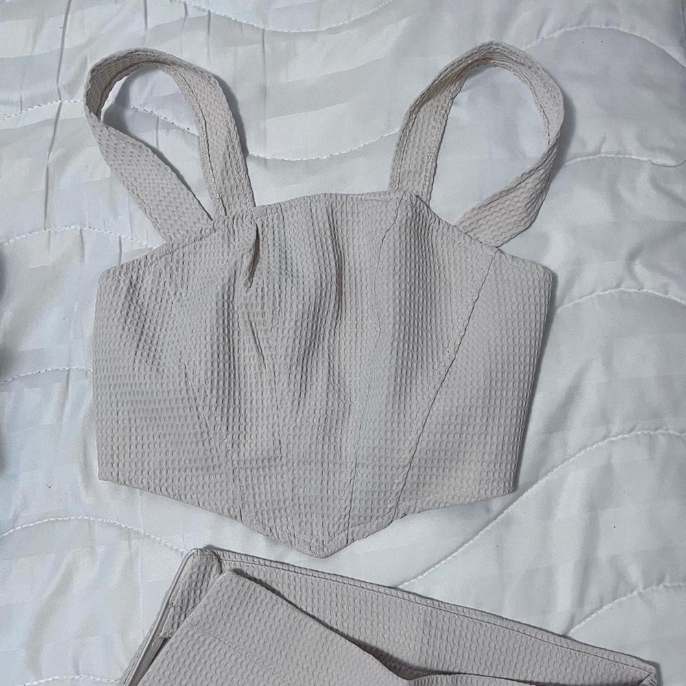 Elegant Beige Textured 2 piece Women's Crop Top and pants